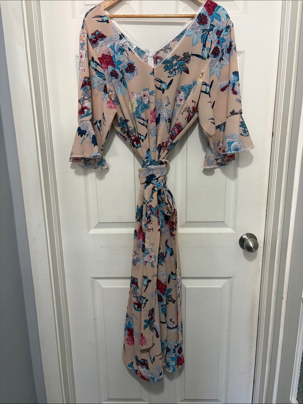 Blackbird Studios Lace-Trim Jumpsuit with Vintage Asian-Inspired Floral Pattern